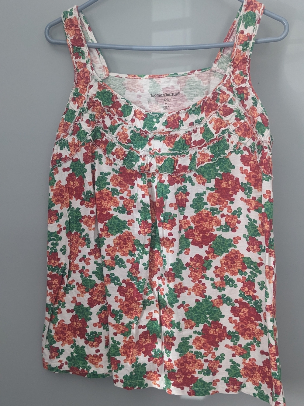 Woman Within Floral Tank Top - White with Red & Green Floral Print M